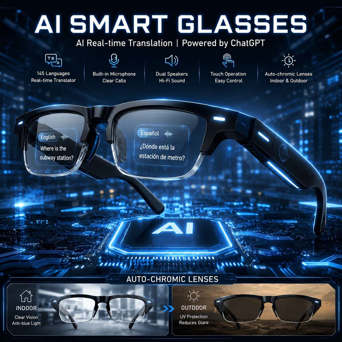 Magnetic Charging Translation Glasses for iOS and Android, Listed 160-Language AI Wearable with Microphone, Speaker and Voice Calls in Multiple Model Options