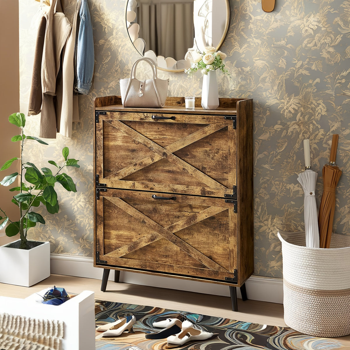 Shoe Storage Cabinet for Entryway and Hallway Organization, Black Upgrade or White Two, Three and Four-Door Options with Listed Flip-Drawer Storage Features