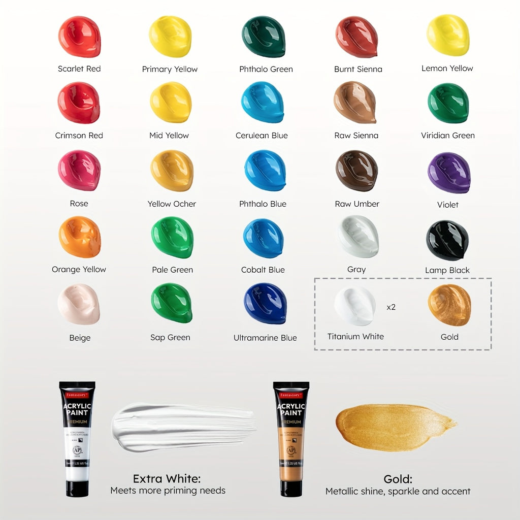 High-Pigment Acrylic Paint Set by Fantastory, 26 Paints in 1.22oz Sizes with 9 Brushes for Canvas, Wood, Stone Painting and Seasonal DIY Craft Projects