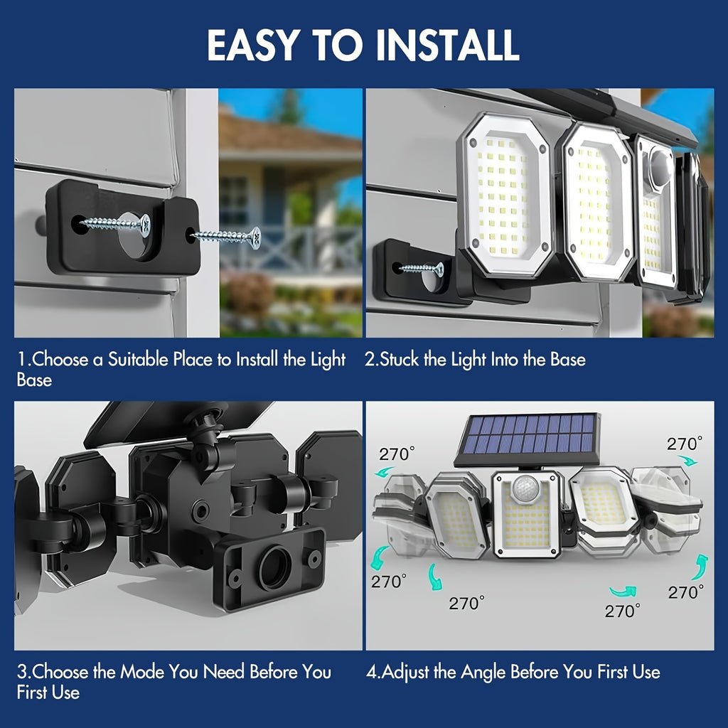 Five-Head Solar Motion Sensor Light with Listed 300 LEDs, 6500K Color Temperature, Remote Control and IP65 Rating, Single-Piece Outdoor Floodlight for Yard and Garage