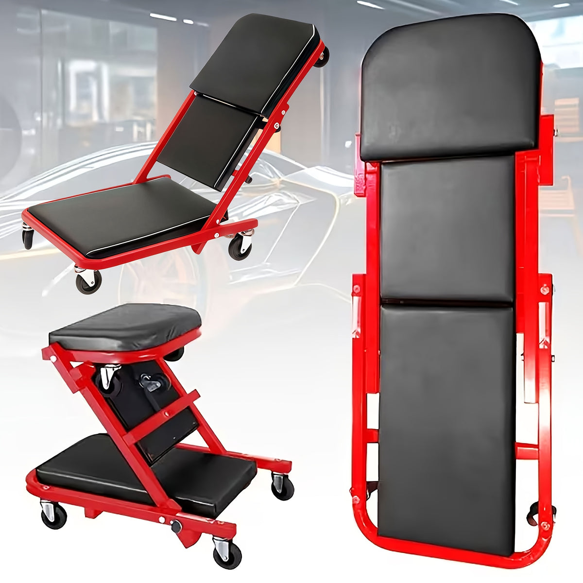 Wheeled Mechanic Creeper and Sliding Stool Options in Red or Grey, Foldable 3-in-1 Crawler or Non-Foldable Model for Garage Work Planning
