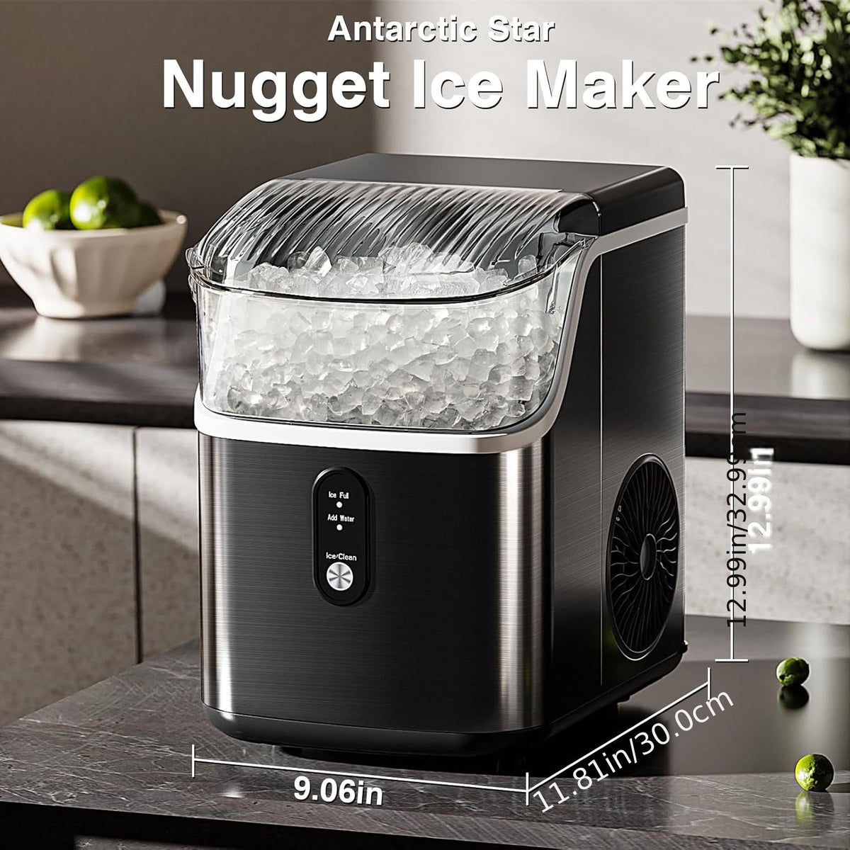 Bullet Ice Maker Countertop, 26 Lbs/24H Portable Ice Maker Machine, Self-Cleaning, Chewable Bullet Ice, One-Touch Operation, Stainless Steel Ice Maker for Kitchen, Office, and Home Bar Use