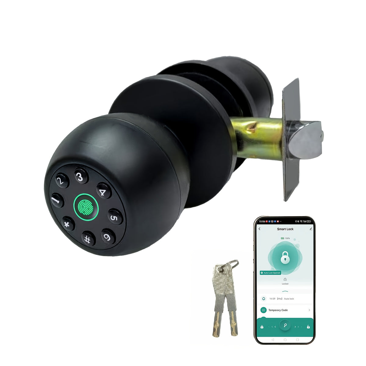 Matte Black Fingerprint Door Knob with Keypad, App Control and Auto Lock, Biometric Code Entry for Compatible Bedroom, Home and Office Doors