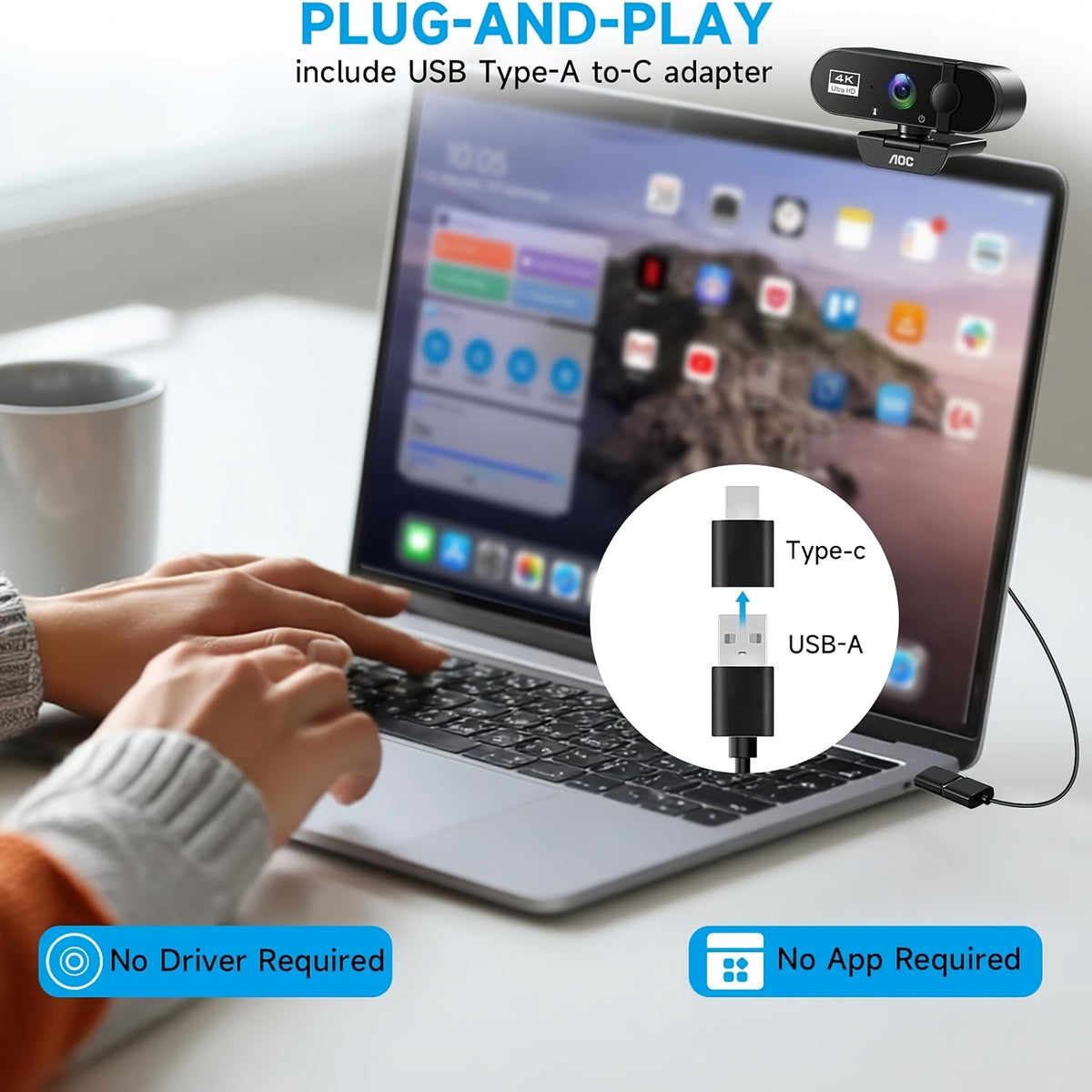 AOC 4K USB Webcam in Starry Black with Microphone, Noise Cancellation, Privacy Cover and 99 Degree Field of View for PC Meetings and Live Streaming