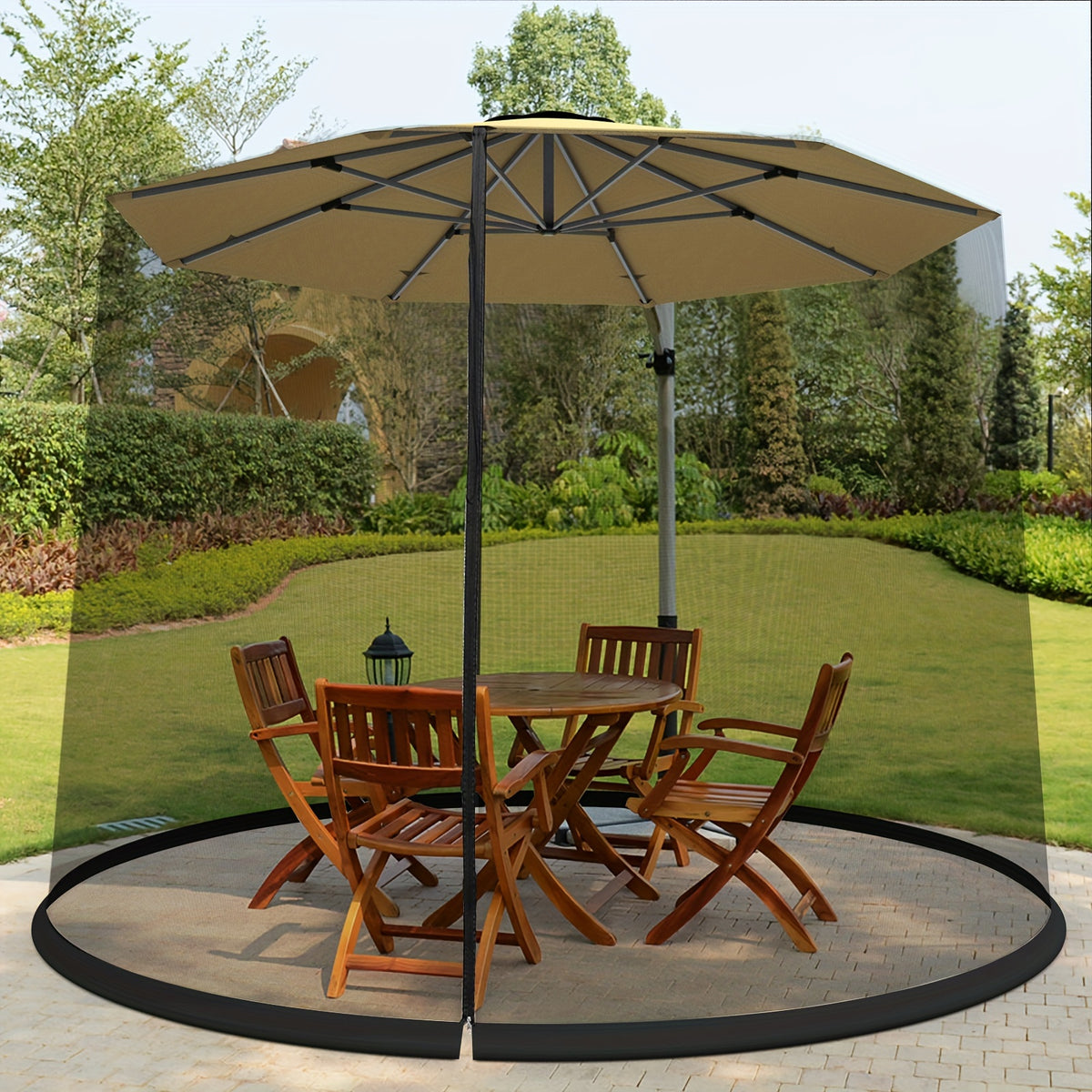 Patio Umbrella Mosquito Netting in Black for Listed 9–10-Foot Canopies, Adjustable Drawstring Screen with Zippered Entrance and Water-Fill Base Tubes