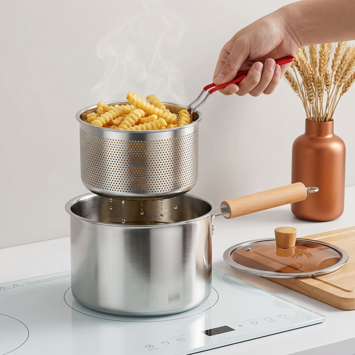 Stovetop Deep Fryer Pot with Frying Basket and Glass Lid, Listed 304 Stainless Steel Tempura Cookware for Fish, Shrimp, Chicken and Fries on Induction or Gas