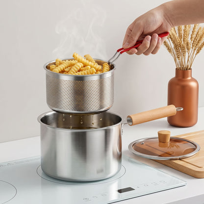 Stovetop Deep Fryer Pot with Frying Basket and Glass Lid, Listed 304 Stainless Steel Tempura Cookware for Fish, Shrimp, Chicken and Fries on Induction or Gas