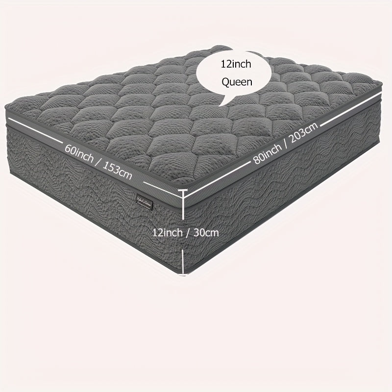 Grey Quilted Hybrid Mattress with Listed Medium Firm Feel and Pocket Springs, 8, 10 or 12 Inch Model Options in Twin, Full, Queen and King Labels for Bedrooms