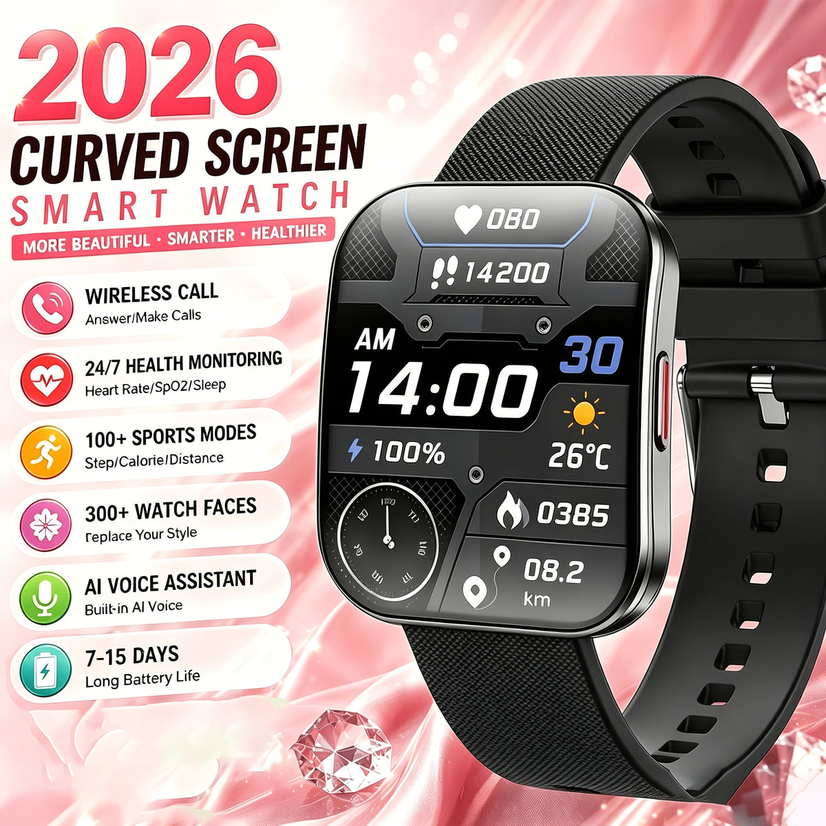 Curved Touchscreen Smart Watch, 1.85-Inch Calling Watch with Message Reminders, Multiple Sports Modes, Camera and Music Controls for iPhone and Android
