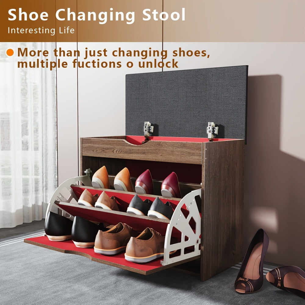Cushioned Shoe Storage Cabinet with Three Listed Layers and Soft Padded Top, Brown or Gray Options for Entryway, Bedroom and Hallway Footwear Organization