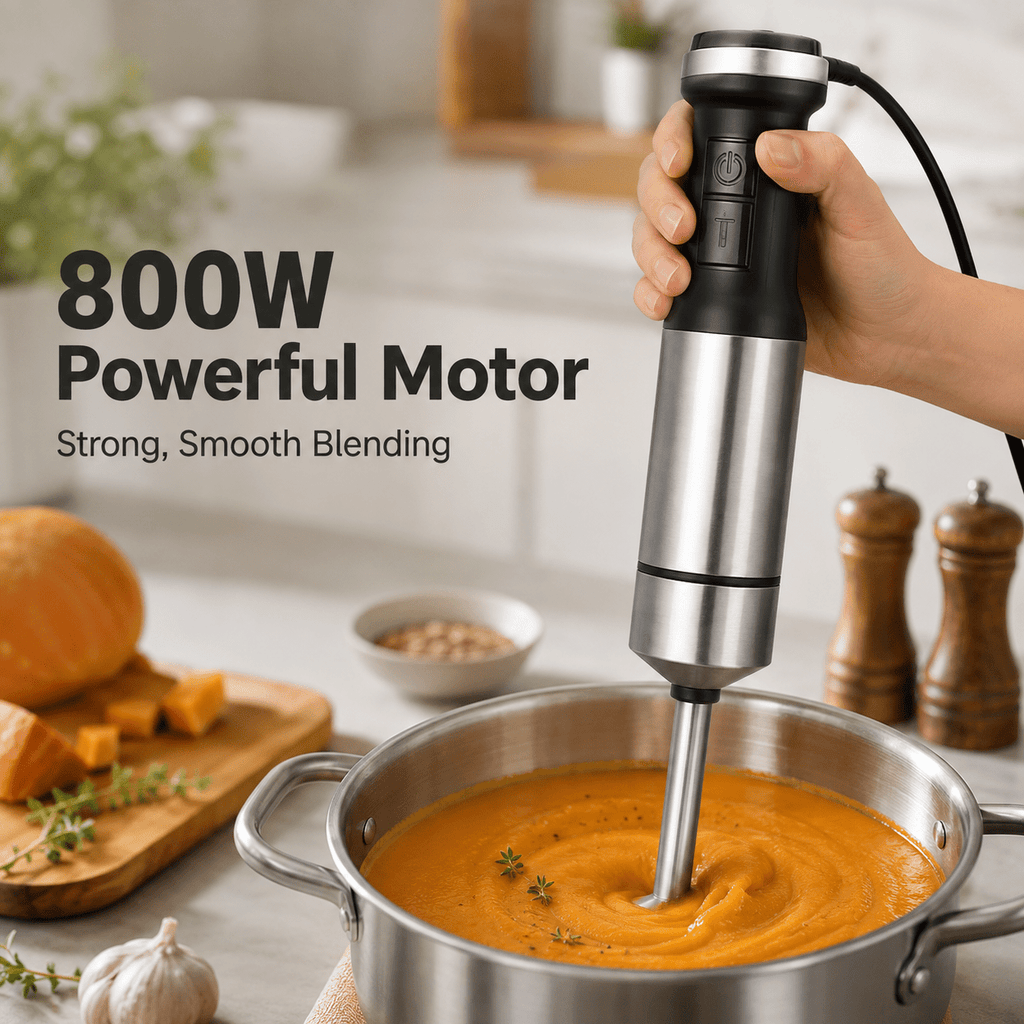 Hand Blender 800W 5-in-1 with 12-Speed Control & Turbo, Stainless Steel Shaft, Food Chopper, Whisk & Milk Frother for Soup, Smoothies and Baby Food