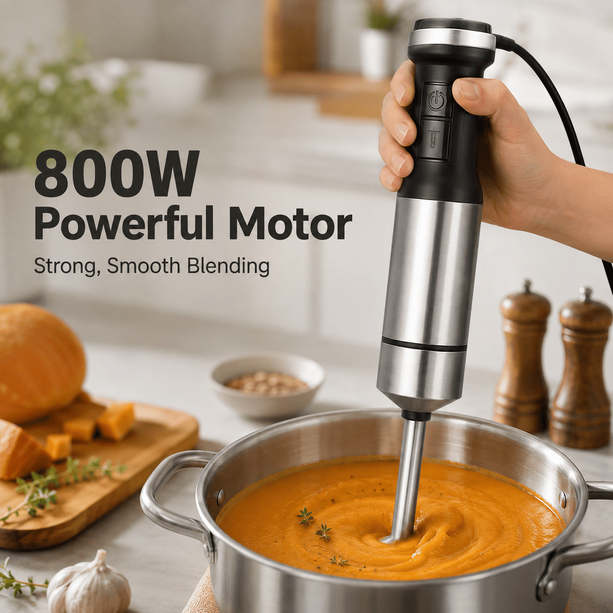 Hand Blender 800W 5-in-1 with 12-Speed Control & Turbo, Stainless Steel Shaft, Food Chopper, Whisk & Milk Frother for Soup, Smoothies and Baby Food