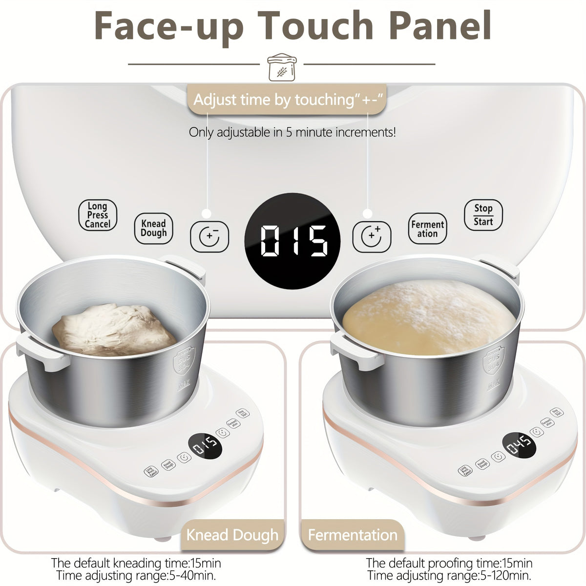 Timed Dough Mixing and Fermentation Machine in White with Listed 250W Motor, 304 Stainless Steel Bowl and Three Modes for Bread, Pizza and Home Dough Prep