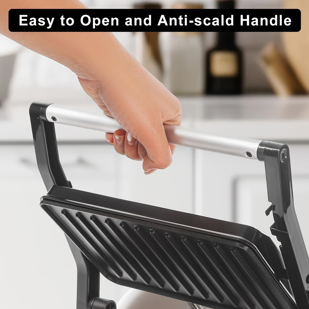 Silvery Panini Press Grill and Sandwich Maker with Listed 1000W Power, Nonstick Plates, Drip Tray, Floating Hinge and 180-Degree Opening for Home Cooking