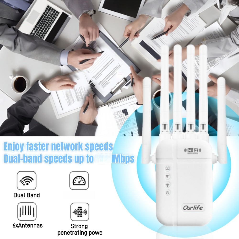 WiFi Signal Booster 0166 White Repeater with Listed Dual-Band 2.4GHz and 5GHz Support, Ethernet Port, One-Button Setup and Access Point Mode for Home Networks