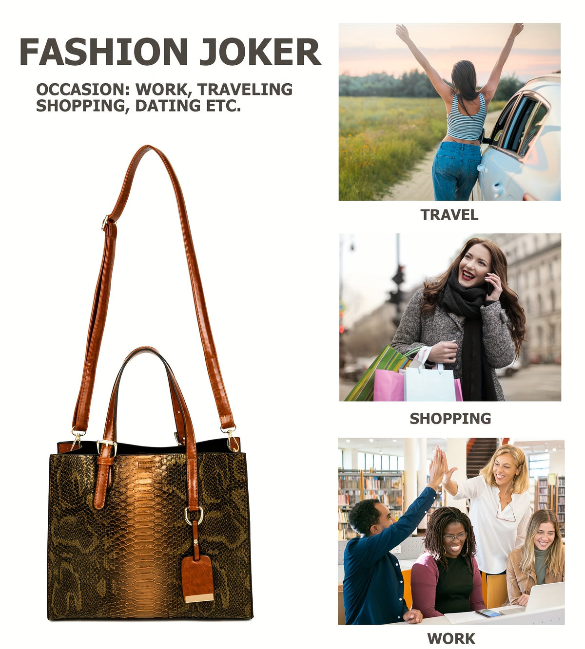 Crocodile-Pattern Handbag Set for Women with Listed Three-Piece Satchel and Tote Styling, Six Color Options for Everyday Outfits, Office and Casual Occasions