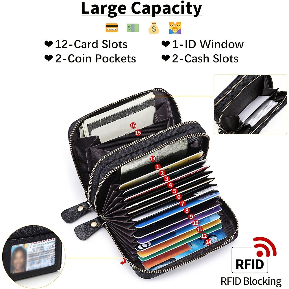 12-Card Slot Women's Wallet with Coin Pockets and Cash Compartments, Classic Purse with Listed RFID Blocking in Black, Coffee Brown, Blue, Red or Burgundy