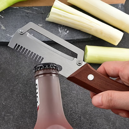 Wooden Handle Vegetable Peeler Set, Two-Piece Stainless Steel Blade Kitchen Tools with Listed Bottle Opener Function for Potatoes, Apples and Zucchini