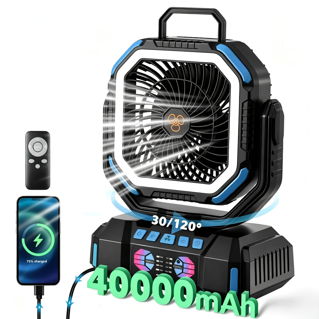 Remote-Control Portable Fan and LED Lamp with Listed 40000mAh Battery, Four Speeds, Five Brightness Levels and Type-C Charging for Camping and Home Airflow