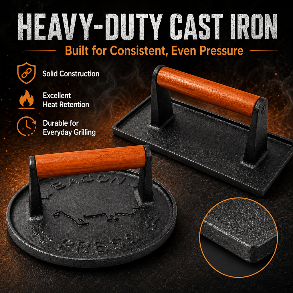Cast Iron Bacon Press by Vivicreate, Round Heavy-Duty Grill and Meat Press for Bacon, Steak and Toasted Sandwiches, Kitchen and Outdoor Cooking Tool