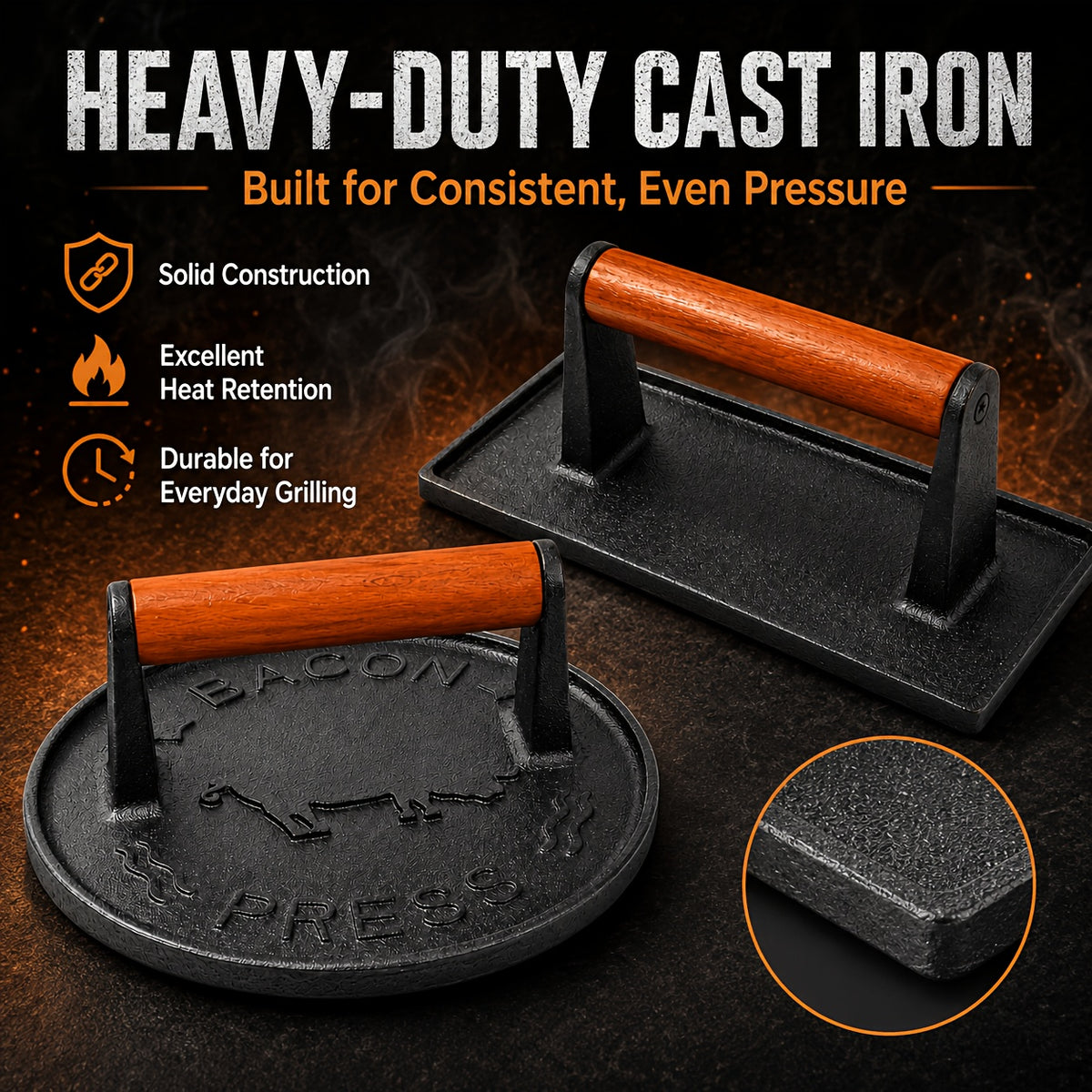 Cast Iron Bacon Press by Vivicreate, Round Heavy-Duty Grill and Meat Press for Bacon, Steak and Toasted Sandwiches, Kitchen and Outdoor Cooking Tool