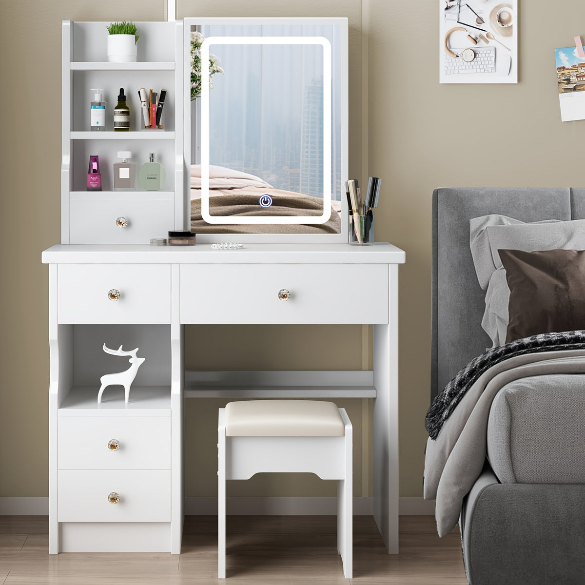 Makeup Vanity with Lighted Mirror, White Dressing Table Set with 5 Drawers, Stool and Open Shelves, 3 Light Settings and Adjustable Brightness