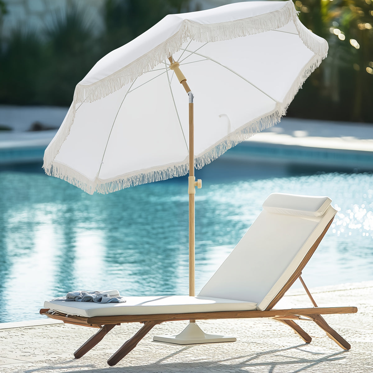 Eight-Rib Patio Umbrella with Push-Button Tilt Adjustment for Outdoor Garden and Courtyard Seating, Beige, Blue Pinstripe and White Style Selections