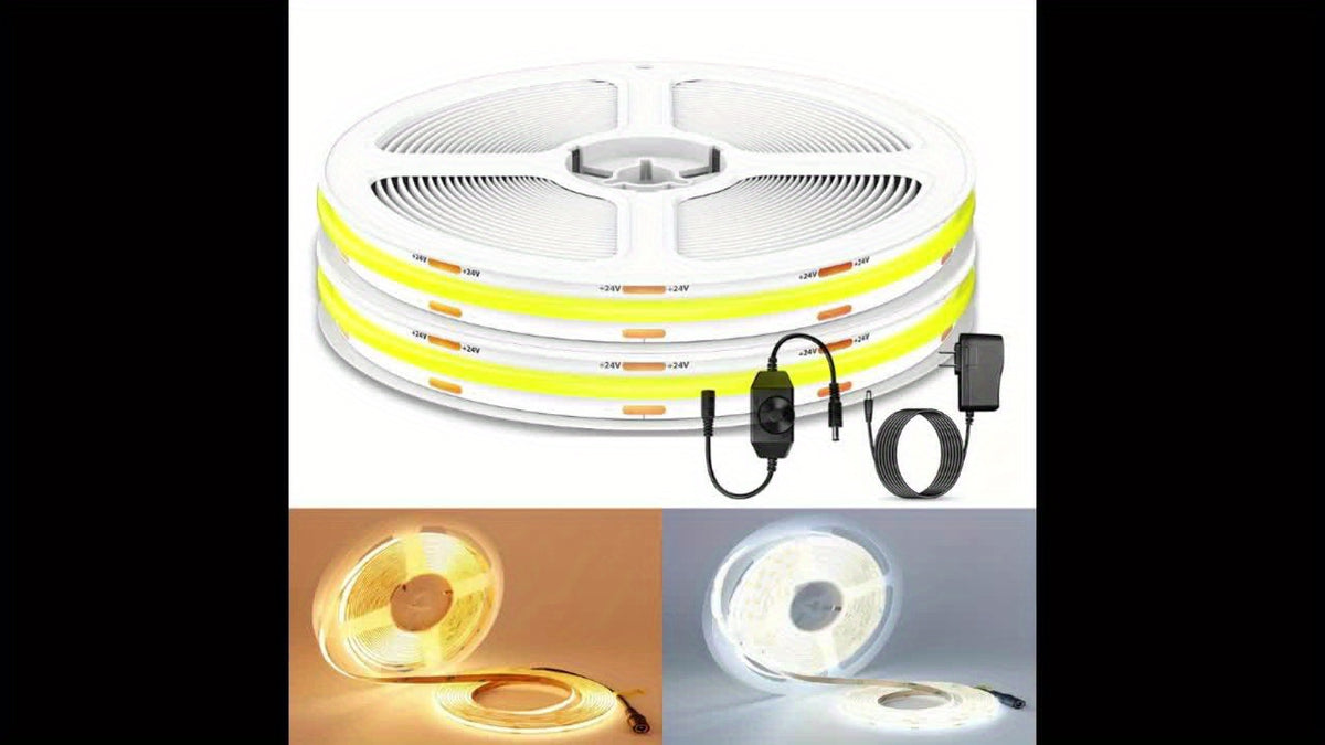COB LED Strip Lights with Knob Dimmer, 32.8ft 24V Flexible Light Tape in White or Warm White, 8mm Width and CRI92+ for Cabinets, Shelves and Bedroom Accents