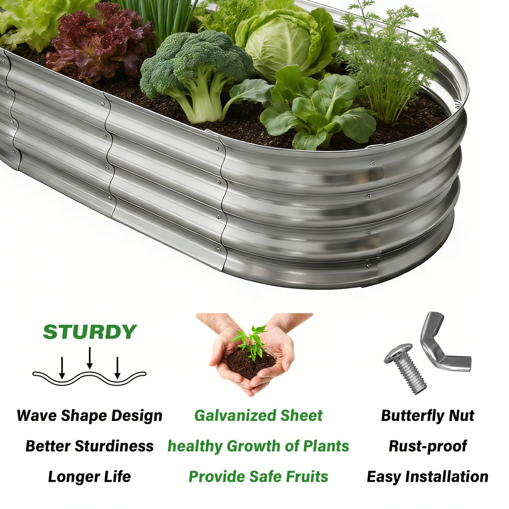 Galvanized Vegetable Garden Bed Set with Oval Metal Planter Design, Outdoor Raised Planting Boxes in Single and Multipack Options for Backyard Gardening