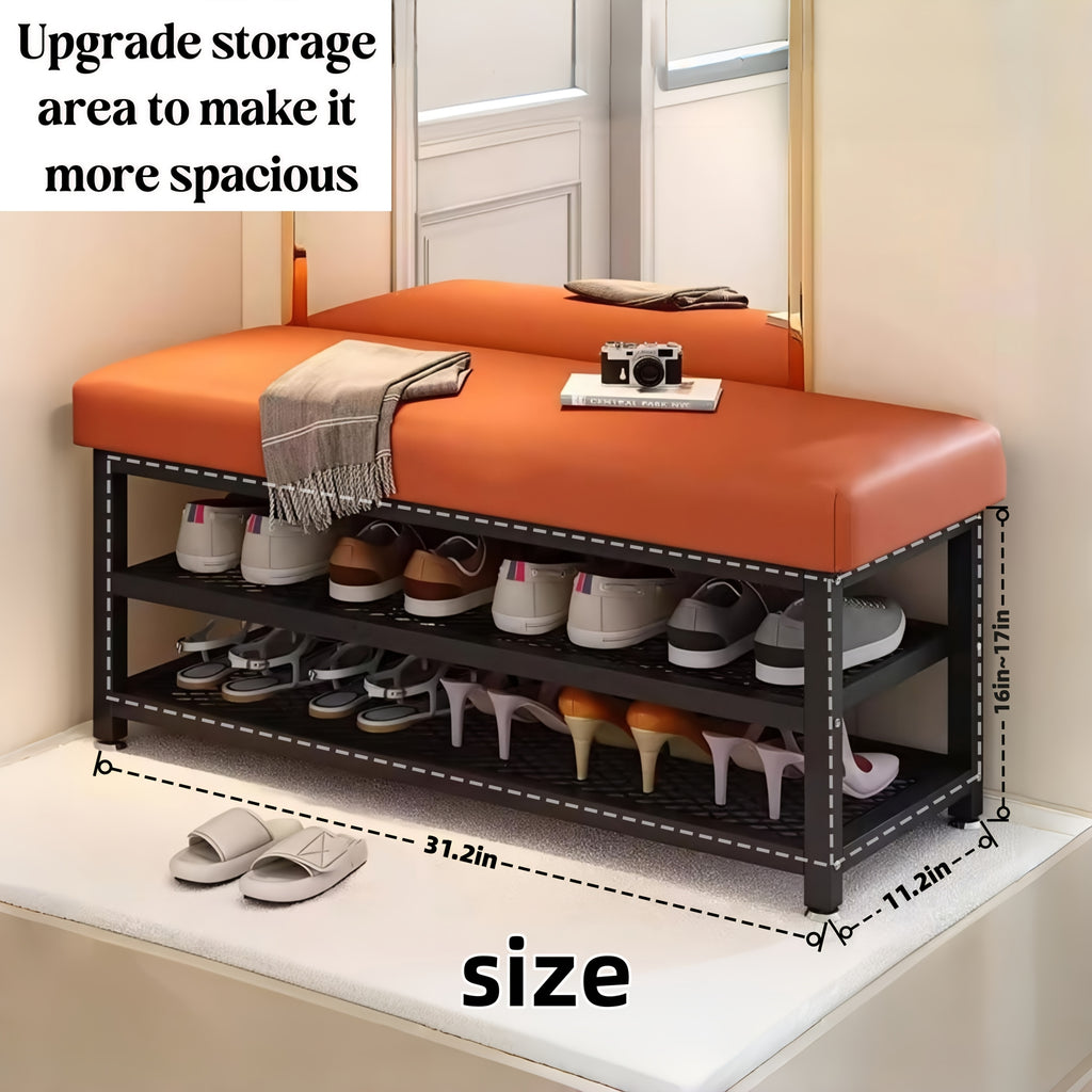 Cushioned Shoe Storage Stool with Metal Frame and Shoe Rack for Entryway, Hallway and Bedroom Organization, Orange or Gray in Large and Small Options