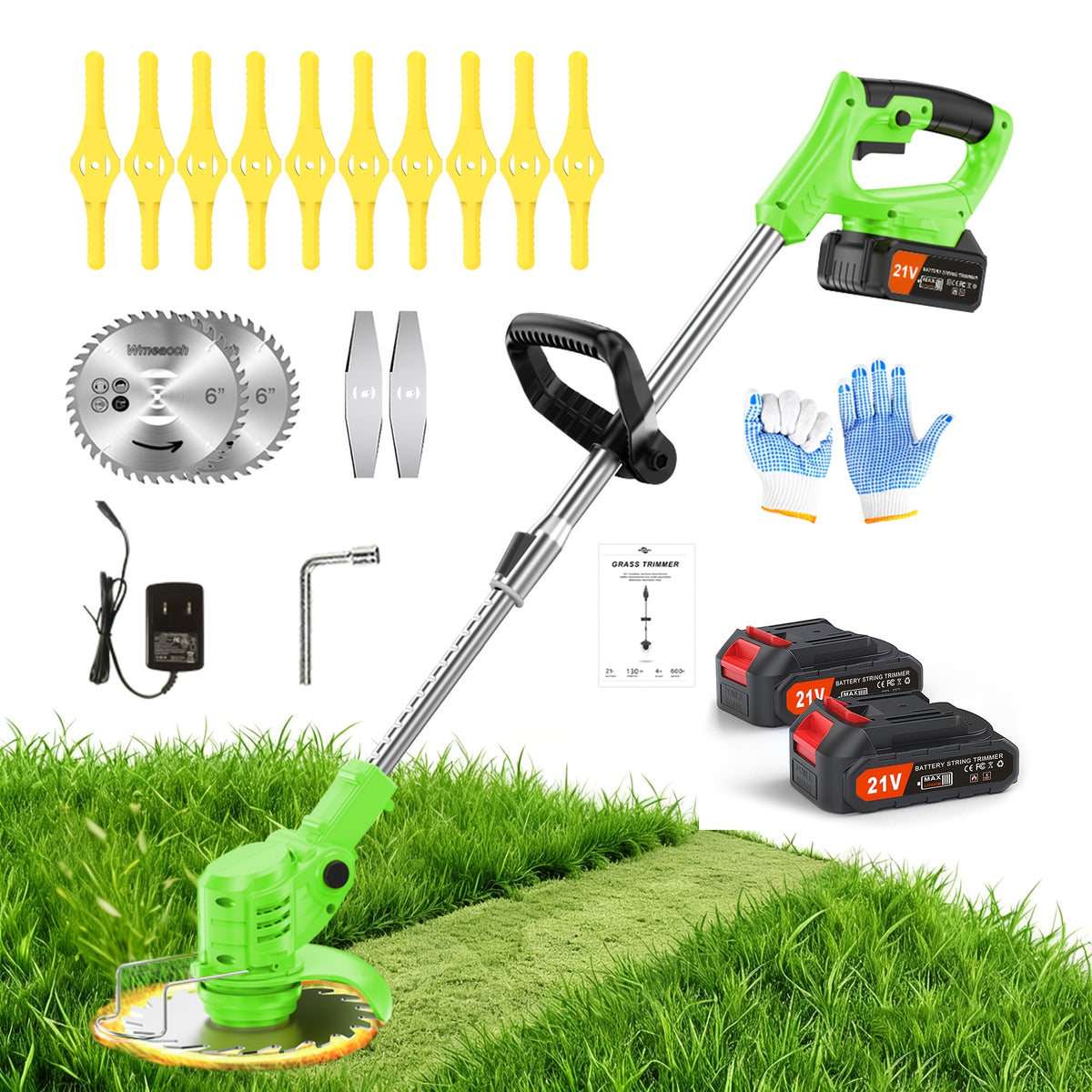 Foldable Cordless Weed Trimmer with Listed 21V Power and Two Lithium Batteries, Handheld Electric Grass Cutter in Four Color Options for Home Garden Maintenance