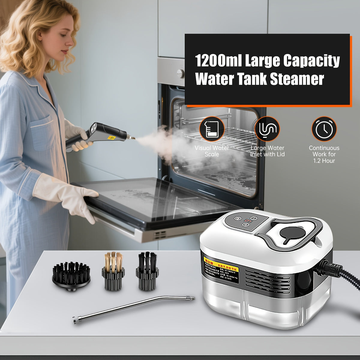 Steam Cleaner with Three Brush Heads, Portable High-Pressure Cleaning Machine in White Upgrade for Compatible Kitchen Surfaces, Bathroom Tile and Grout