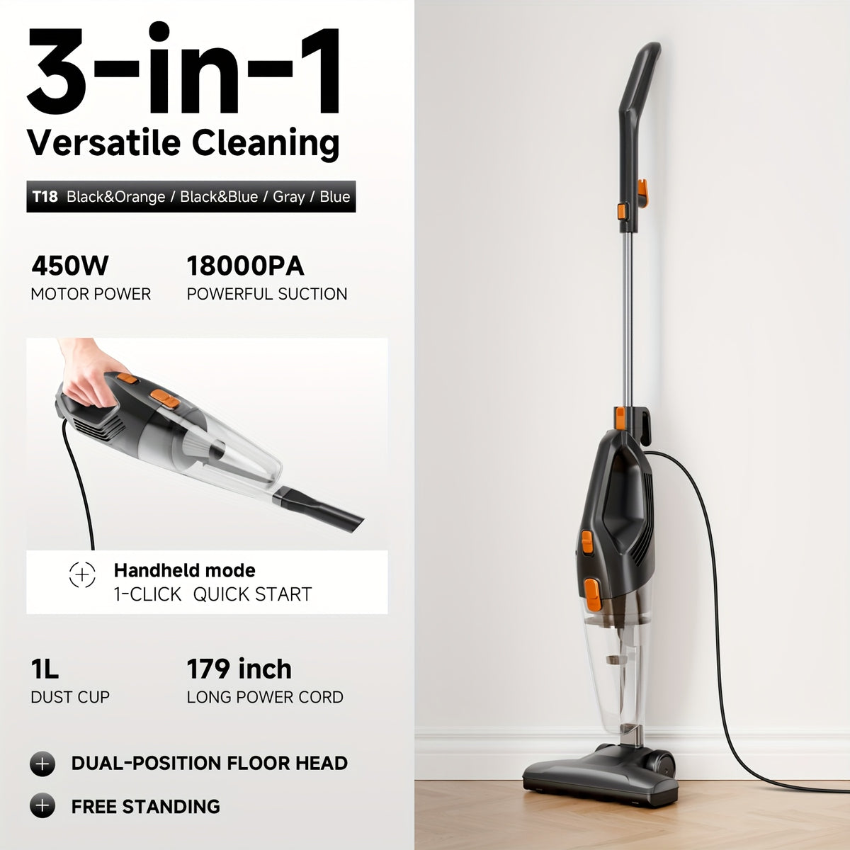 Convertible Stick Handheld Vacuum with Listed 6-in-1 Basic Design, 5.18lb Weight, Washable HEPA Filter, Dust Cup and Crevice Tool in Four Home Cleaning Color Options