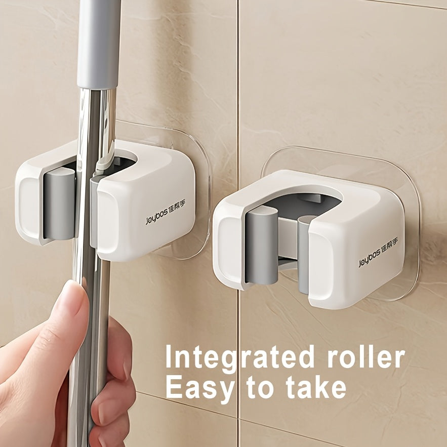 White Mop and Broom Holder Two-Piece Set with No-Drill Wall-Mount Design for Compatible Cleaning Tools, Kitchen, Bathroom and Household Storage Organization