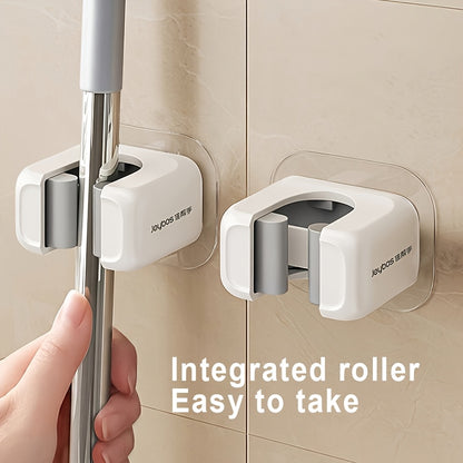 White Mop and Broom Holder Two-Piece Set with No-Drill Wall-Mount Design for Compatible Cleaning Tools, Kitchen, Bathroom and Household Storage Organization