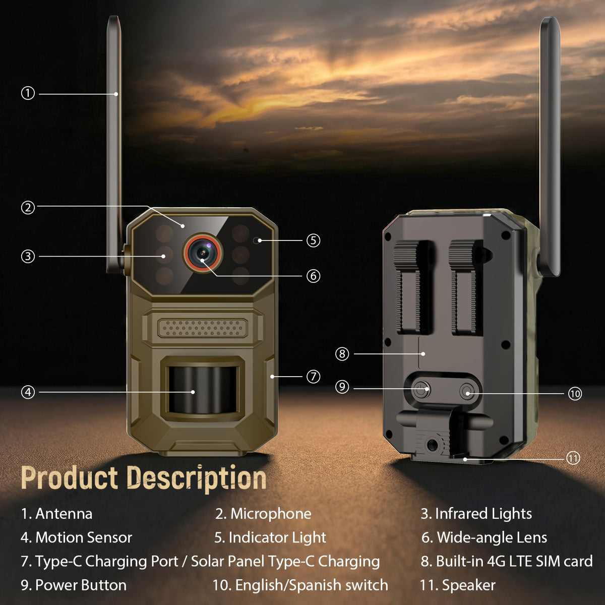 Solar Wildlife Monitoring Camera, Cellular Trail Camera with Listed 1920P Video, PIR Motion Sensor, Infrared Night Vision, Two-Way Voice and Remote Access