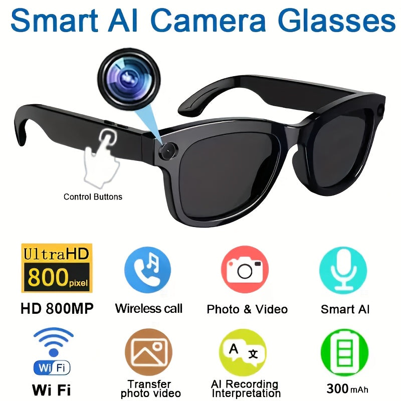 Smart Camera Glasses with Black Sunglasses and Transparent Lens Options, Including 5MP-Labeled Styles, Listed Wireless Video, Audio and AI Voice Features
