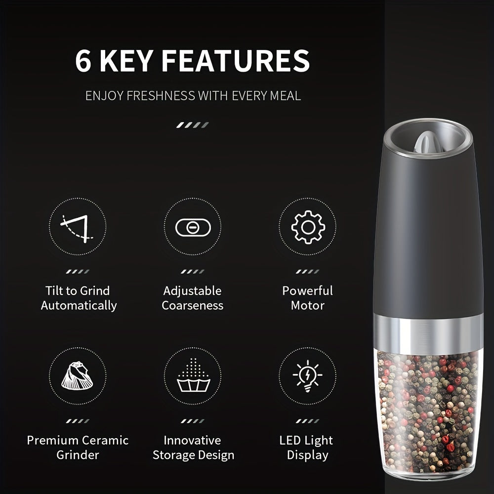 Electric Salt and Pepper Mill with Adjustable Coarseness and LED Light for Kitchen Seasoning, Single or Two-Piece Selections with Gravity-Sensing and USB Option Labels