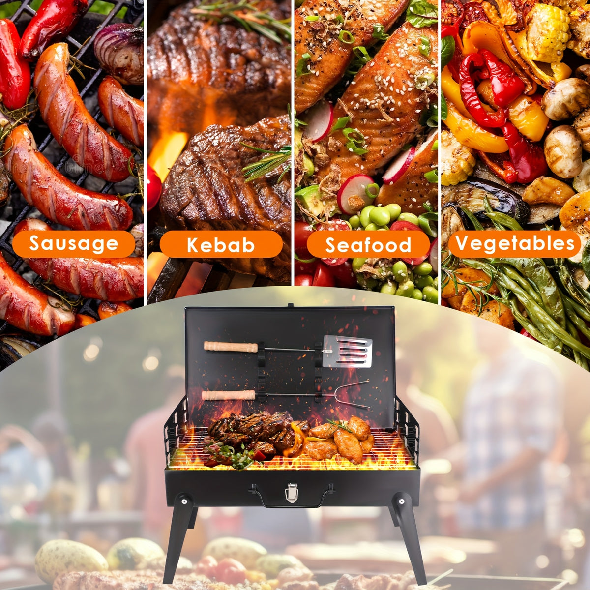 Folding Charcoal Grill with Hood by Backyard Buddy, Black Compact Outdoor Barbecue for Picnic Cooking, Backyard Meals and Portable Cookout Planning