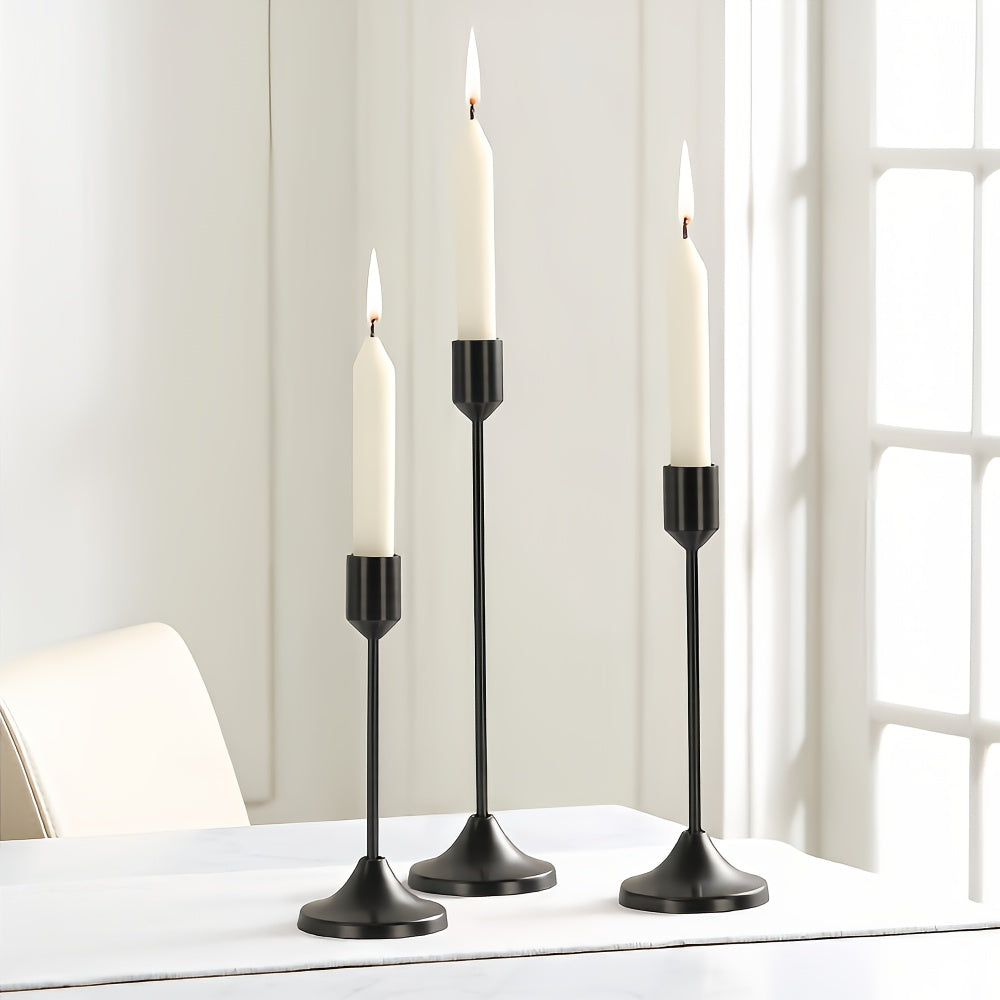 Metal Candle Holders Three-Piece Set for Wedding Centerpieces, Anniversary Dinner Tables and Seasonal Decor with Golden-Tone, French Golden, Silvery or Black Labels