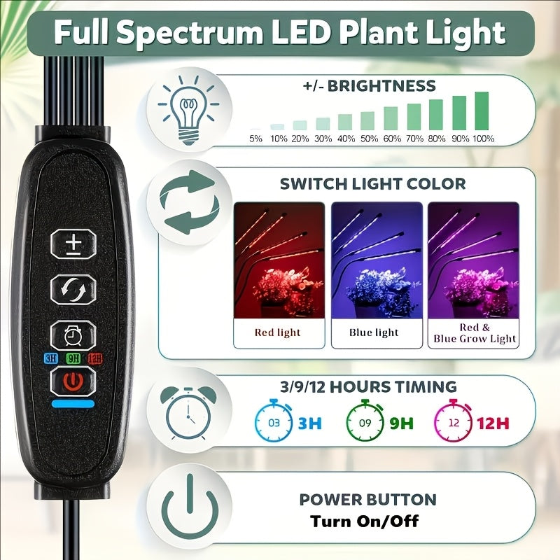 Clamp LED Grow Light with One, Three or Four-Tube Options, Listed Five Brightness Levels and 3, 9 or 12-Hour Timer for Indoor Plant Care and Home Gardening