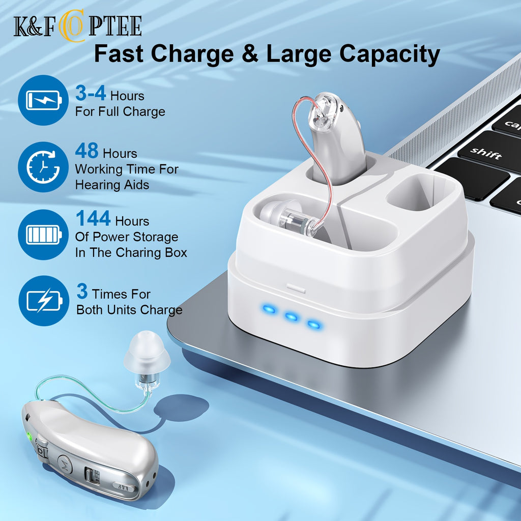 Silver Rechargeable Hearing Aids, Listed One-Pair Behind-the-Ear Devices with Volume Adjustment, Frequency Controls and USB Charging Case for Adult Listening Needs