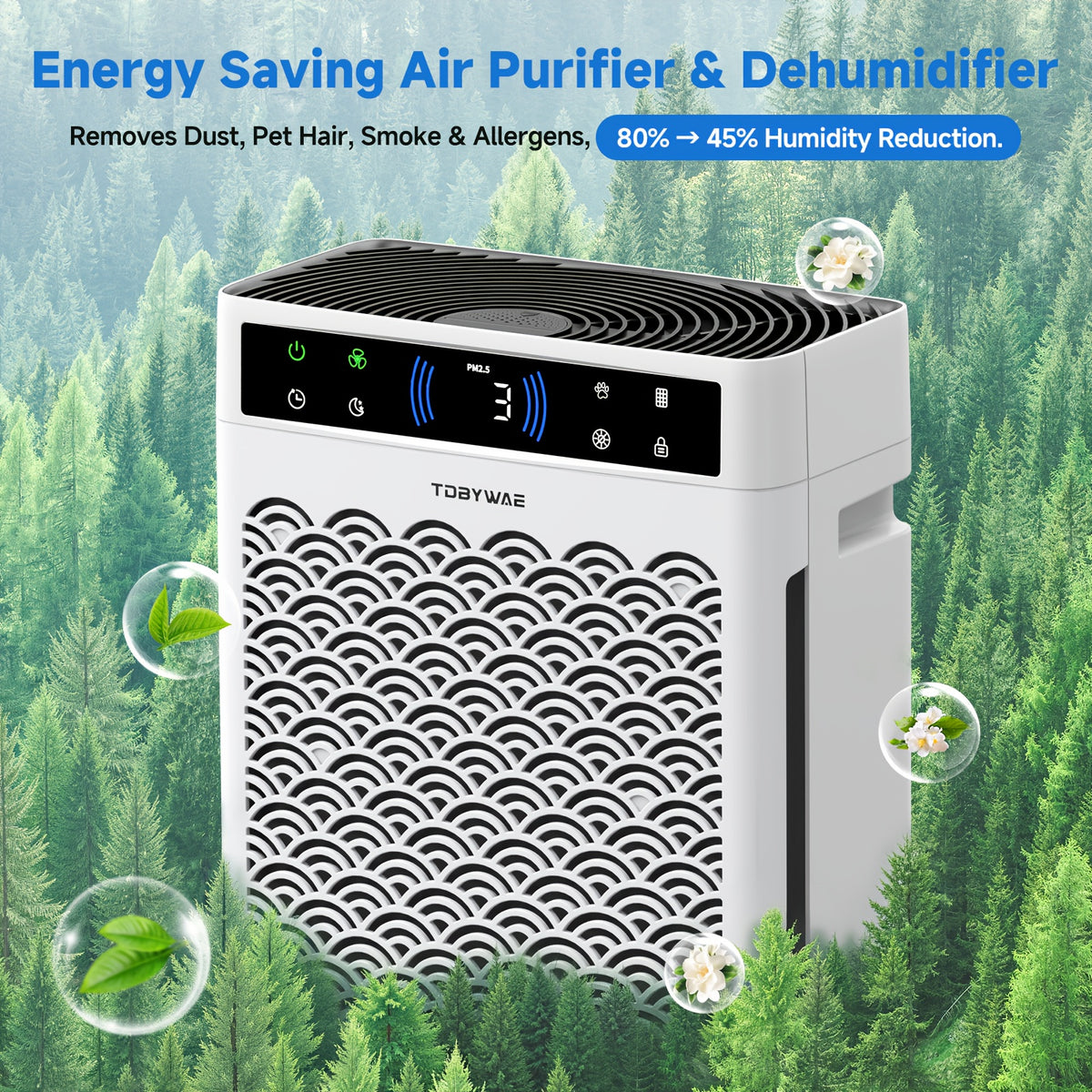 Dual Intake HEPA Air Purifier by TDBYWAE with Activated Carbon, Washable Pre-Filter, Air Quality Sensor, Sleep Mode and Aroma Pad for Home Bedrooms and Offices