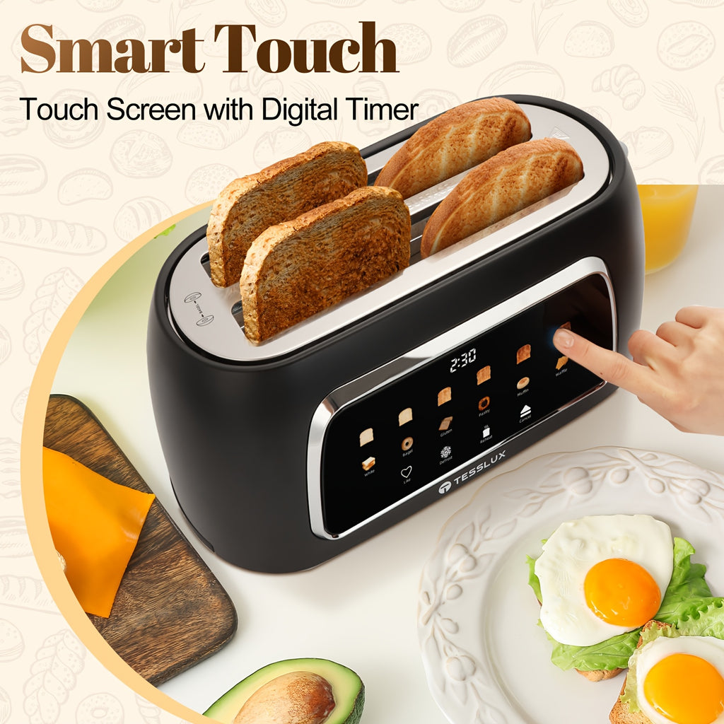 TESSLUX Four Slice Touchscreen Toaster with 1.5-Inch Wide Long Slots, Six Browning Levels and Bread Types, Digital Timer, Memory, Defrost and Reheat