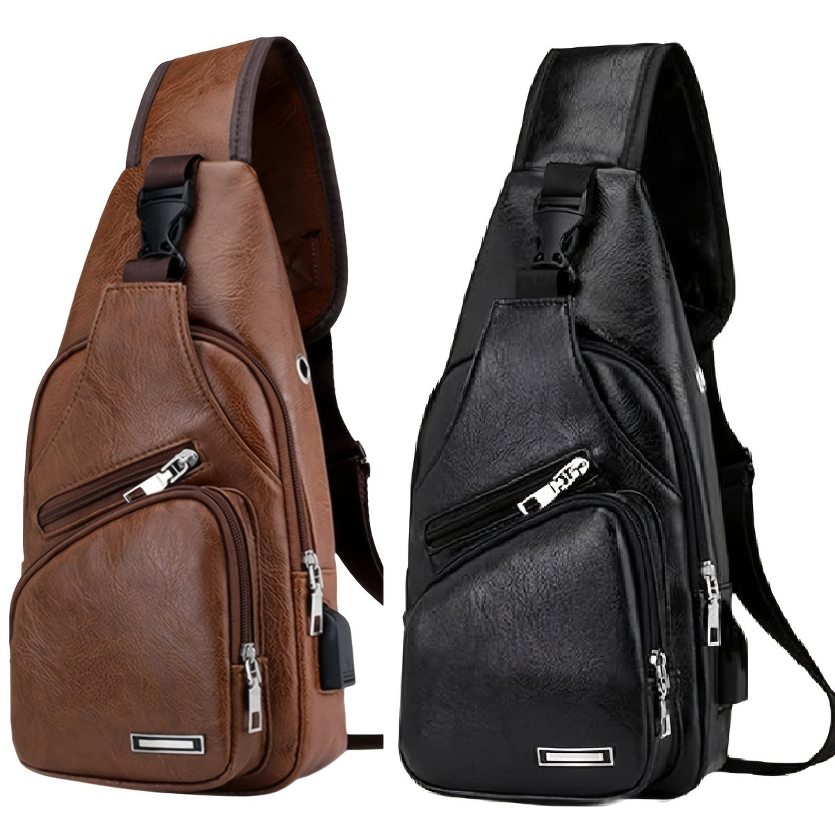 Faux Leather Sling Chest Bag with USB Port for Men and Women, Mini Single-Strap Crossbody Carry Bag in Black or Light Brown for Daily Outings and Travel
