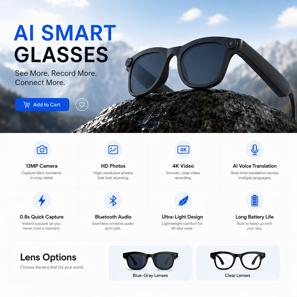 Camera Glasses by KLZO with Listed 13MP Imaging, Wireless Smart Eyewear for Photo, Video and Audio Recording, Music and Translation Features