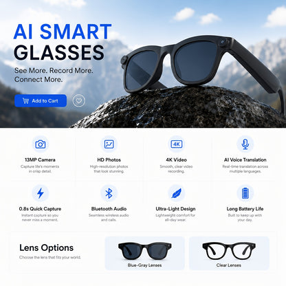 Camera Glasses by KLZO with Listed 13MP Camera, Wireless Recording Eyewear for Photos, Video and Audio with Music and Translation Functions