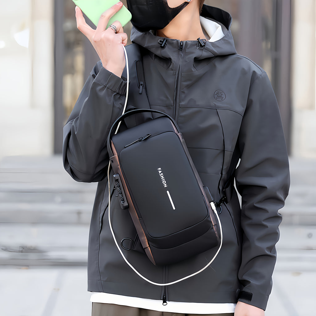 Mens Locking Sling Bag by Cutecity with USB Charging Port, Adjustable Shoulder Strap and Multiple Compartments in Black Brown or Blue Brown for Commuting and City Walks