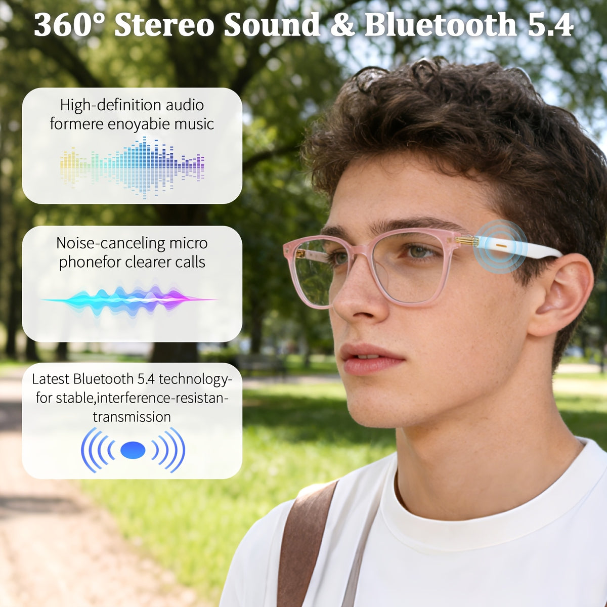 Wireless AI Translation Glasses with Listed 164-Language Support, Photochromic Lenses, Music and Hands-Free Calls in Black, Tortoiseshell or Pink