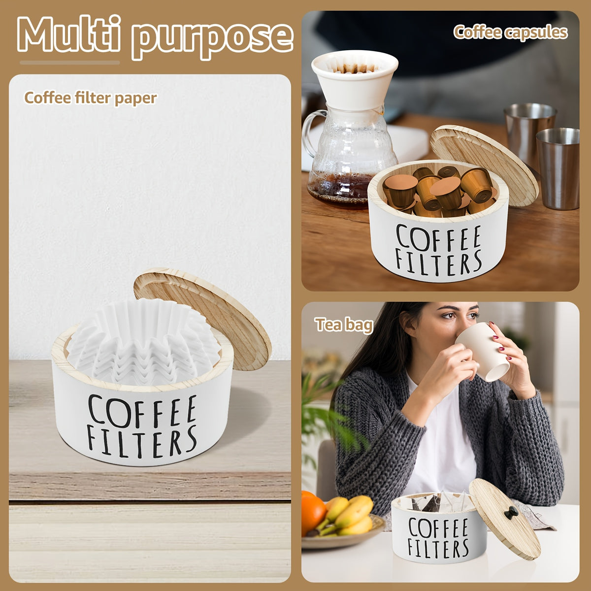 Coffee Filter Holder with 50 Filters for Coffee Bar Organization, White Wooden Round Countertop Storage Container, 16cm Diameter and 9cm Height